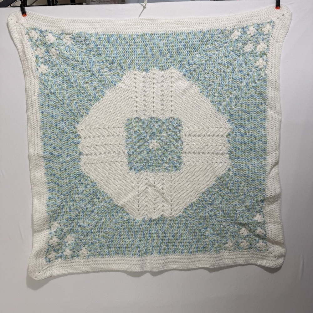 Crochet BABY BLANKET AFGHAN 35"x 35" Blue Green White Girl Boy Gift Handmade